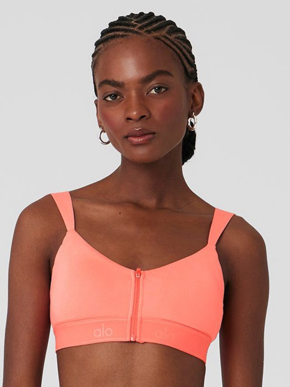 Alo Alosoft Molded Showcase Zip Front Sports Bra Candy Orange Medium